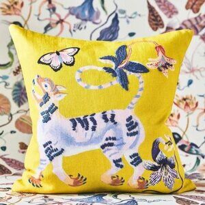 Anthropologie - Sarah Gordon Embroidered Pillow in Yellow-Floral Lion - NTW